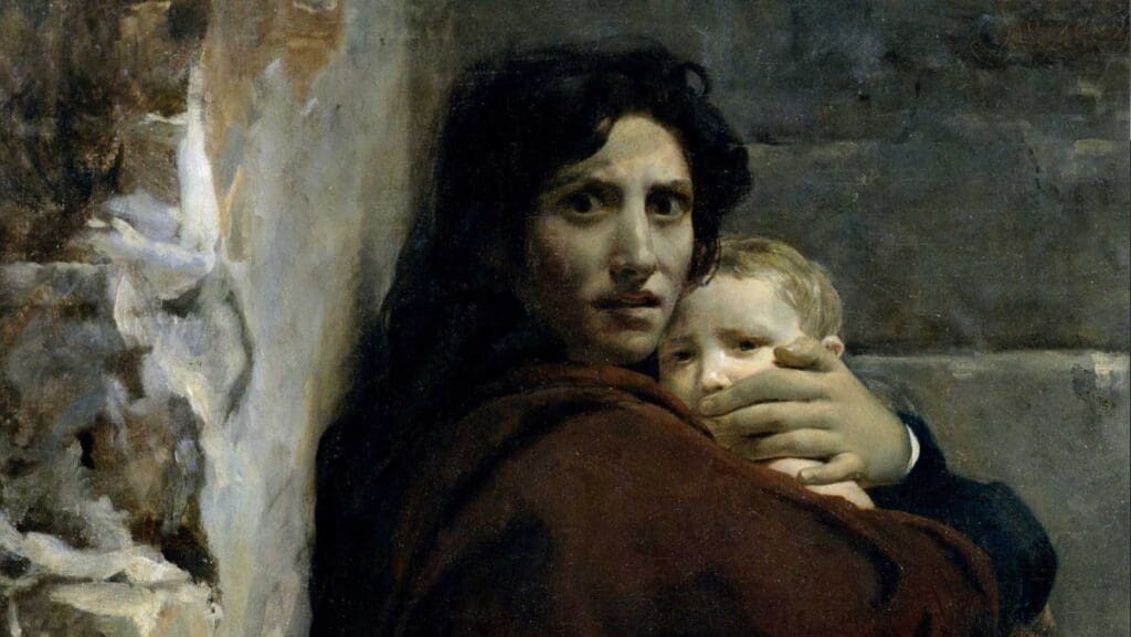 Painting of a mother holding a child in terror