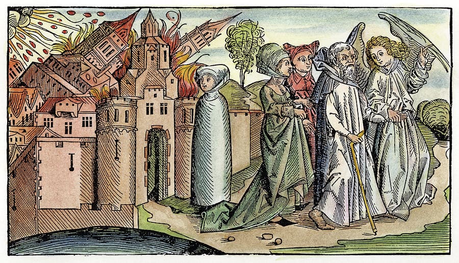 Painting of a city burning and people walking out