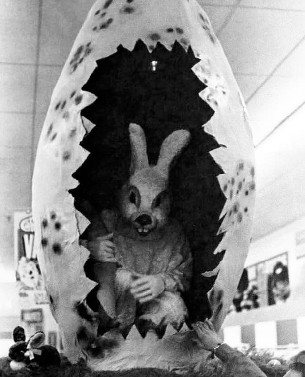 Black and white image of scary easter bunny