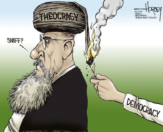 Cartoon of Theocracy and Democracy