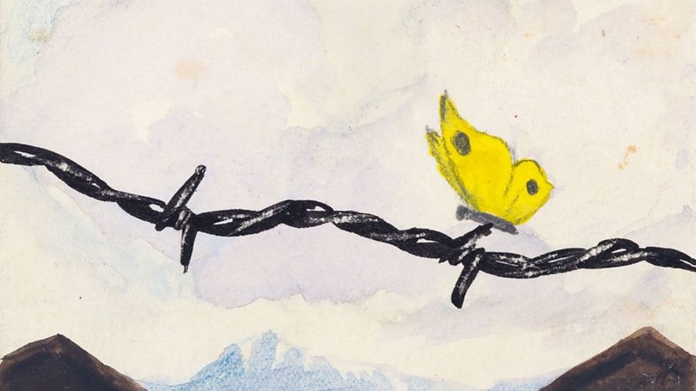 An art depicting a butterfly on a barbed wire fence