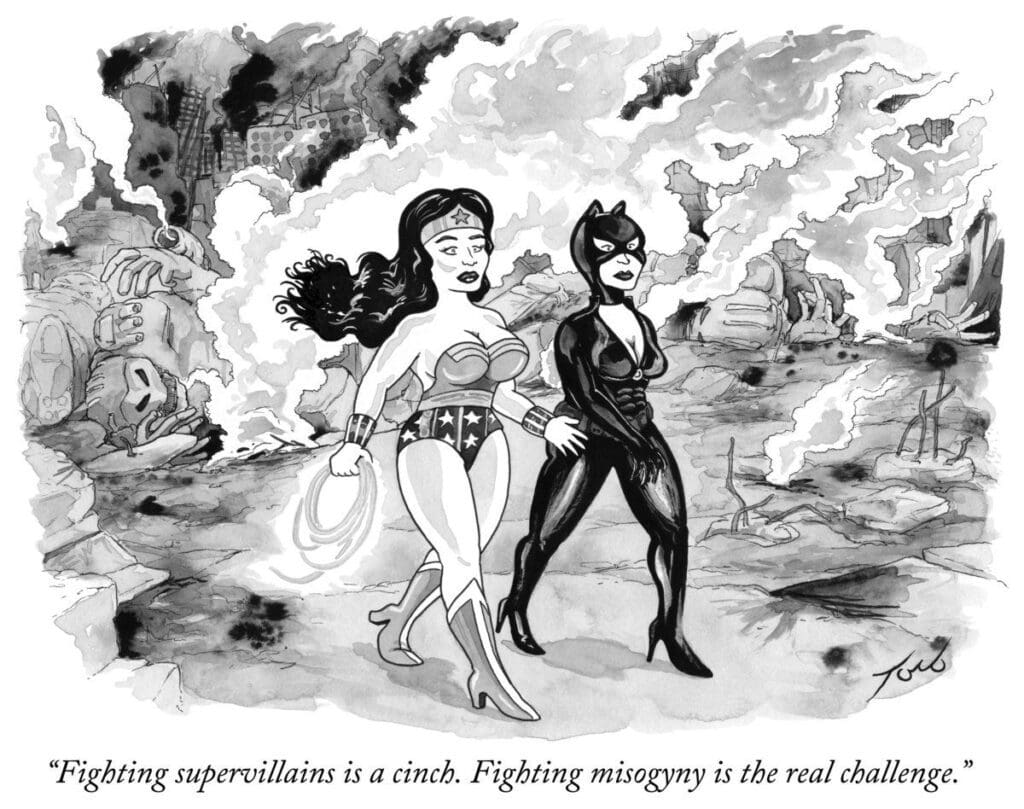 Editorial cartoon featuring Wonder Woman and Cat Woman