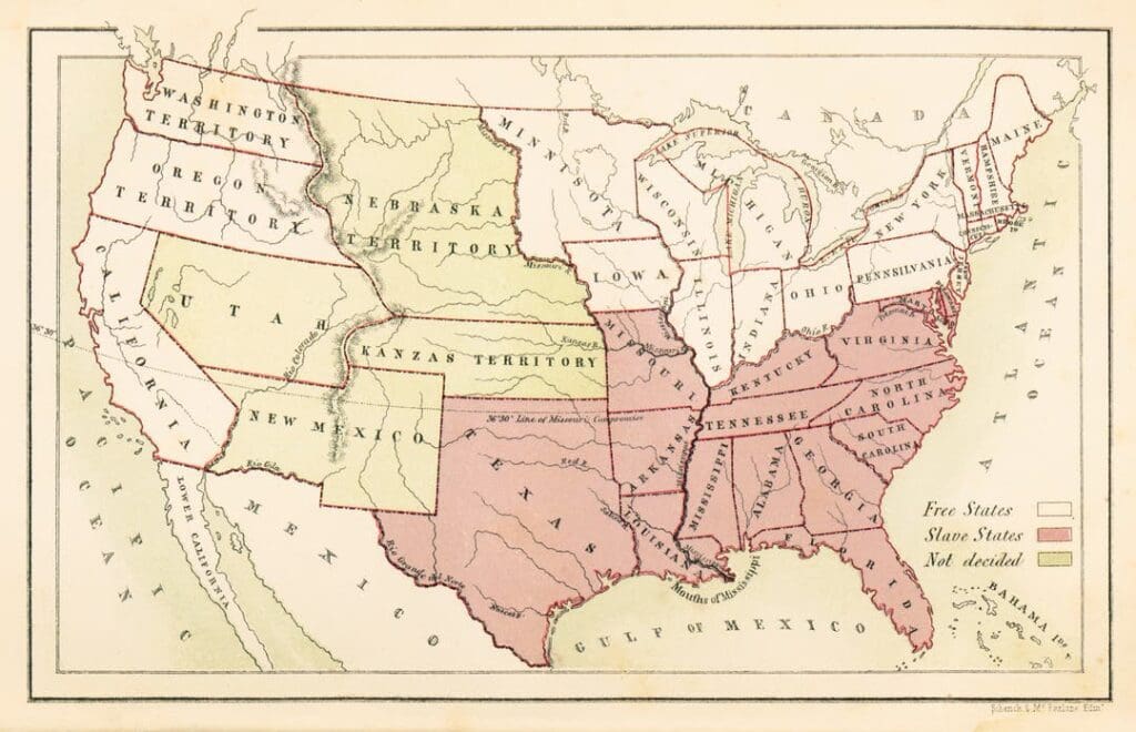 A Map of the US That Shows Free States, Slave States, and Undecided Ones